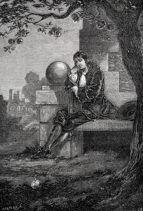 The World s Greatest Man Isaac Newton  Date unknown  Isaac Newton  1642 1727  English scientist   mathematician. Artist s impression of Newton in the orchard at Woolsthorpe when an apple fell and set him thinking about gravity. Wood engraving c1880.