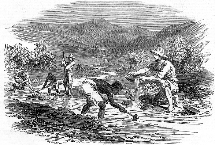 Gold Rush  January 6, 1849  Panning for gold during the Californian Gold Rush of 1849. From The Illustrated London News 6 January 1849. Wood engraving