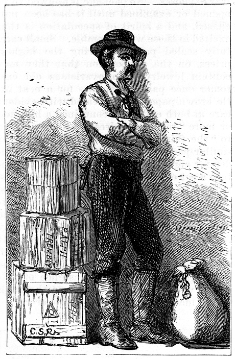 A Wells Fargo messenger from their Express Delivery service via the Isthmus of Panama. From Harper's New Monthly Magazine New York 1875. Wood engraving