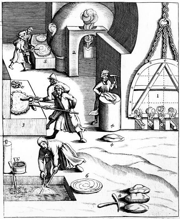 Refining copper by Hungarian process. Cupellation cakes roasted, releasing heat. At 5: lead obtained being smelted. From 1683 English edition of Lazarus Ercker Beschreibung allerfurnemisten mineralischen Ertszt of 1580. Copperplate engraving.