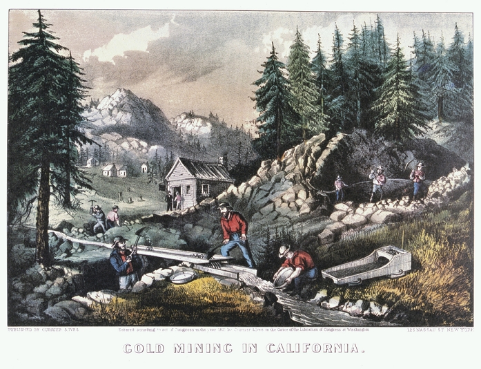 Gold Rush  1871  Gold Mining in California. Scenes of the 1849 Californian Gold Rush showing cradling, panning, washing with a  long tom  and hydraulic mining. Coloured lithograph by Currier and Ives 1871.