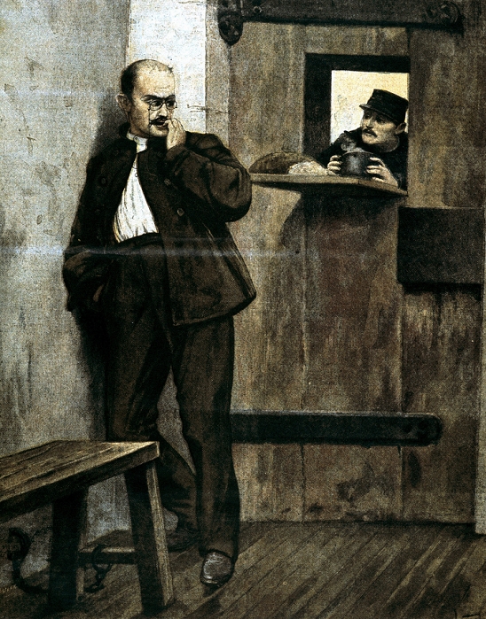 Alfred Dreyfus (c1859-1935) in prison. French army officer of Jewish extraction wrongly accused of handing secret documents to a foreign agent, disgraced, and sent to Devil's Island as a traitor. From Le Petit Journal (Paris January 1895).