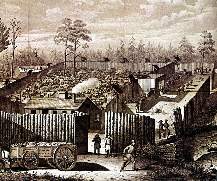 American Civil War: Prison stockade at Andersonville, Georgia. During summer of 1864 32,899 Union (northern) prisoners were confined here. In the National Cemetery at Andersonville 12,912 who did not survive are buried. In left foreground the dead cart is taking away bodies.