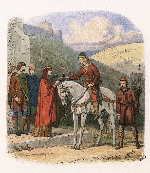 Edward (Eadward) the Martyr (963?-978) English king from 975, at Corfe, offered poisoned drink by his stepmother Aelfthryth. Anglo-Saxon. Colour-printed wood engraving c1860