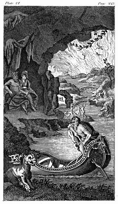 Hades, showing Charon the ferryman, Cerberus, three-headed dog guarding entrance, Pluto and Proserpine/Persephone (centre left) and River Lethe. 18th century engraving.
