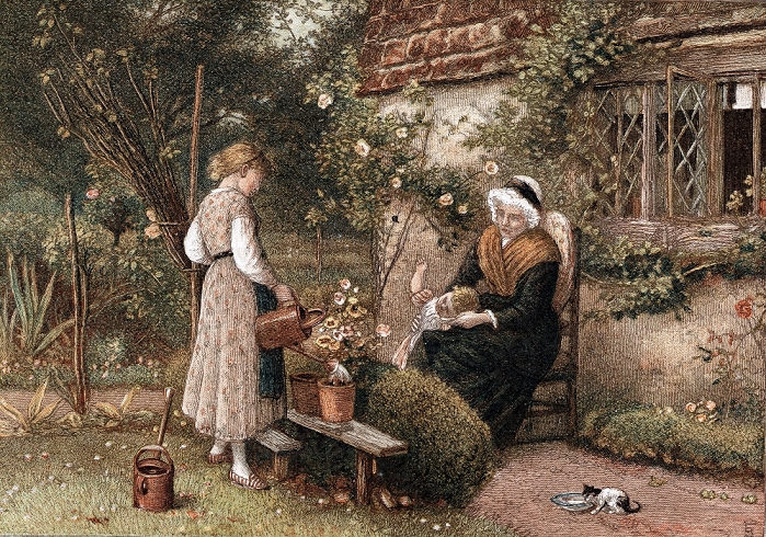 Youth and Age. Chromolithograph after painting by Myles Birkett Foster (1825-1899), English artist, published London 1866. Grandmother in lace cap seated in cottage garden with two grandchildren. The girl uses watering can to water plant in pot. Kitten drinks from saucer on path. Behind them is a rose-covered cottage with lattice casement windows.