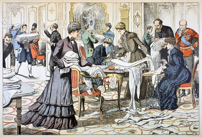 Russo Japanese War  1904 5  Russo Japanese War 1904 1905: Workroom in the Winter Palace, St Petersburg, supervised by the Tsarina, producing dressings and gowns for wounded Russians. Note sewing machines. From Le Petit Journal, Paris, 28 February 1904.