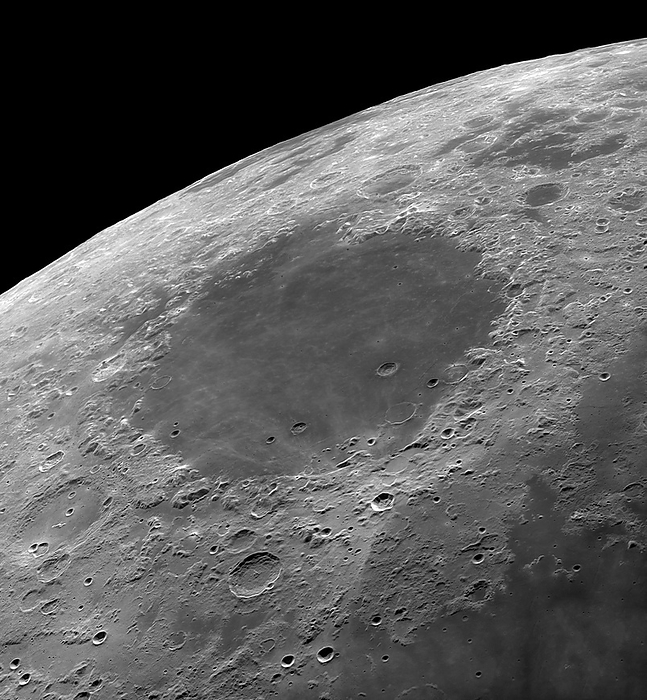 Mare Crisium, lunar surface Mare Crisium. Lunar surface centred on the Mare Crisium  the  Sea of Crises  . Lunar maria are dark areas of basaltic plains on the Moon, formed by ancient volcanic eruptions. This lunar mare is in the Crisium basin, which formed in the Pre Imbrian period  around 4.5 to 3.8 billion years ago . It is 555 kilometres across and is relatively flat. This image, taken from Souni, Cyprus, with a 356mm reflector, was obtained on 16 April 2013.