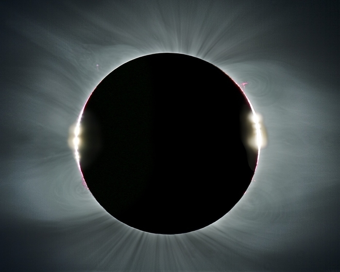 Total solar eclipse, corona at totality Total solar eclipse, composite image. Total solar eclipses occur when the Moon passes directly in front of the Sun. This composite of 25 images shows second and third contacts  Baily s beads , solar prominences and the Sun s inner corona  the solar atmosphere . This total solar eclipse was observed near Novosibirsk, Russia, on 1 August 2008.