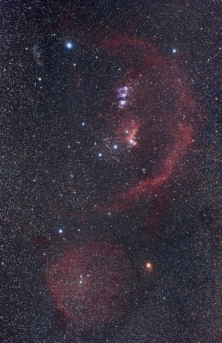 Orion nebulae Orion nebulae. Wide field view of the Orion constellation and Barnard s Loop  upper frame . The nebulosity around Meissa  lower left  is also visible. At top left is the Witchhead Nebula, next to the bright star Rigel. The nebulae within the Loop are the Great Orion Nebula  M42 , the Flame Nebula, and the Horsehead Nebula. The Running Man Nebula and M78 are also visible. Photographed from Mercedes, Buenos Aires Province, Argentina.