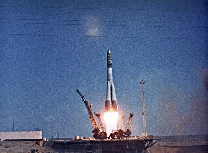 World Events  First manned space flight  April 12, 1961  Launch of Vostok 1 Caption : The launch of the Vostok 1 spacecraft carrying Yuri Gagarin on the first manned flight in space. Launched on April 12, 1961, from Baikonur cosmodrome, Kazakhstan, Vostok 1 made one full orbit before returning to Earth 108 minutes later. Credit : RIA NOVOSTI SCIENCE PHOTO LIBRARY