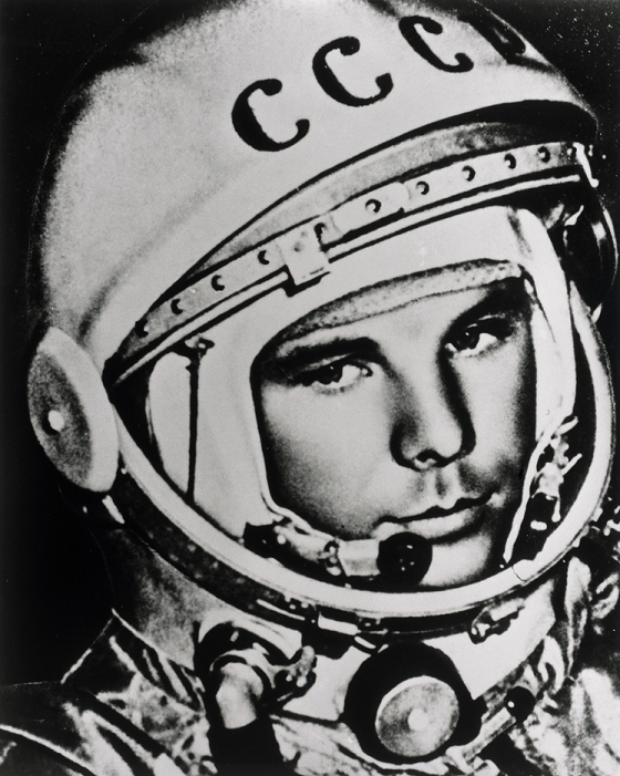 Yuriy Gagarin  1961  Yuri Gagarin Caption : Yuri Gagarin. Soviet cosmonaut Yuri Gagarin  1934  1968  in his space helmet. Gagarin became the first person in space when he was launched on Vostok 1 on 12 April 1961. The flight lasted for just one orbit, ending 108 minutes after take off. As the controls were intentionally locked, Gagarin had no control over the spacecraft. Photographed in 1961. Credit : RIA NOVOSTI SCIENCE PHOTO LIBRARY