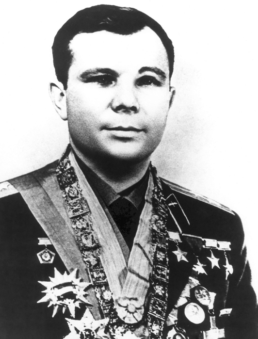 Yuriy Gagarin  unknown date  Yuri Gagarin Caption : Yuri Gagarin  1934 1968 , Soviet cosmonaut. Gagarin became the first person in space when he was launched on Vostok 1 on 12th April 1961. The flight lasted for just one orbit, ending 108 minutes after take off. As the controls were intentionally locked, Gagarin had no control over the spacecraft. He was later killed in a plane crash. Credit : NASA SCIENCE PHOTO LIBRARY