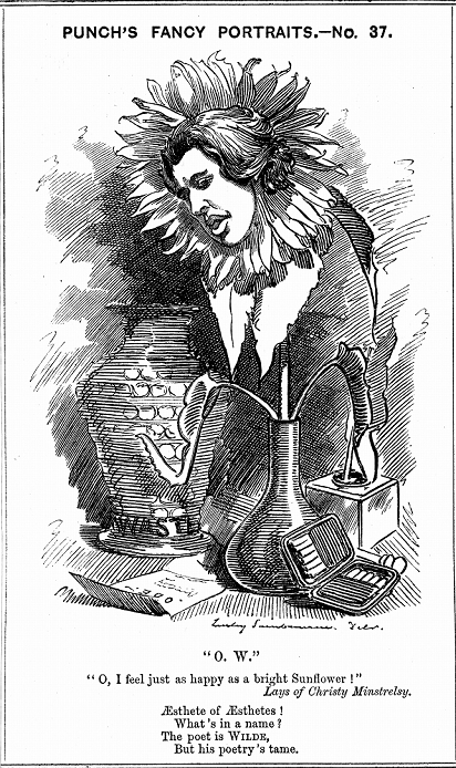 Oscar Wilde  June 25, 1881  Oscar Wilde  1854 1900  Irish playwright, novelist, poet and wit. Cartoon by Edward Linley Sambourne from his  Fancy Portraits  series for Punch London, 25 June 1881, showing Wilde as a sunflower. Wood engraving 