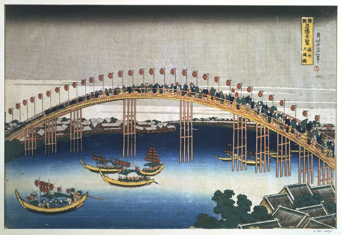 Tenmabashi Bridge The Temma Bridge at Osaka , c1830. Coloured woodblock print. People crowd on the wooden bridge which is decked with coloured paper lanterns, and look down to the boats below which carry similar lanterns. Hokusai Katsushika  1770 1849  Japanese artist and printmaker.