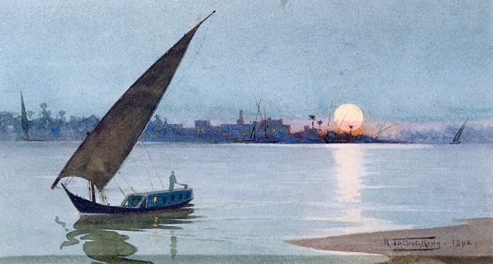 Eastern Lake, Egypt', 1892. Watercolour. Robert Talbot-Kelly (1861-1934) English orientalist landscape painter. Houseboat on water at sunset with outline of town.