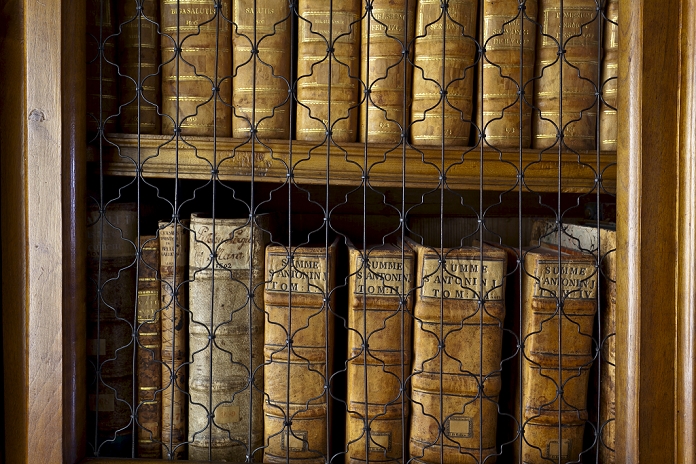 St. Gallen Abbey Library, Switzerland Close up of books in the Rococo style Abbey Library, containing the oldest library collection in the country, St. Gallen, Switzerland, Europe