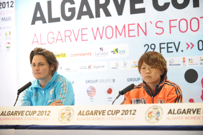 Algarve Cup: Press conference on the day before the final Nadine Angerer  GER , Aya Miyama  JPN , MARCH 6, 2012   Football   Soccer : Press conference before the final match during the Algarve Women s Football Cup 2012, at Hotel Montechoro, Albufeira Portugal.  Photo by AFLO SPORT   1035 .