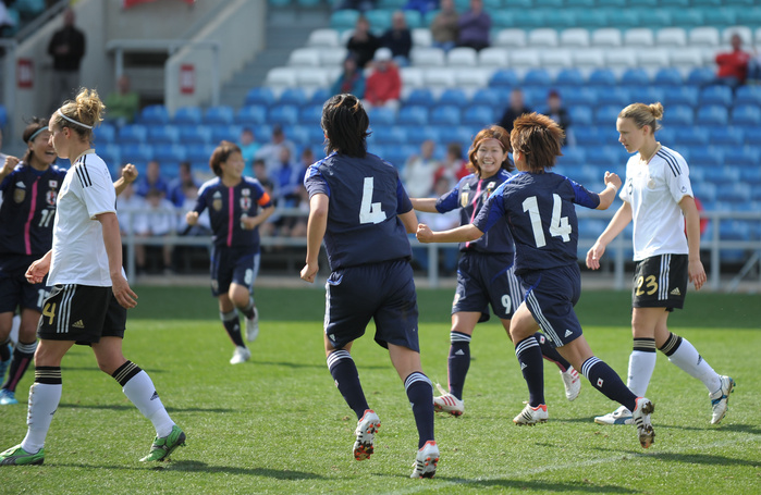 Algarve Cup Final Akehina Tanaka scores the second goal. Asuna Tanaka  JPN , MARCH 7, 2012   Football   Soccer : Asuna Tanaka  R  of Japan celebrates her goal during The Algarve Women s Football Cup 2012, match between Germany 4 3Japan in Estadio Algarve in Faro, Portugal.   Photo by AFLO SPORT   1035 .