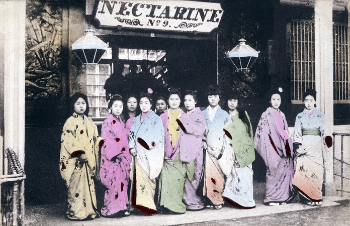 Yokohama, amusement quarters  1880s  Prostitutes in front of Japan s most famous house of prostitution known as Jinpuro  Nectarine  or No. 9, in Yokohama, Kanagawa Prefecture, ca. 1880s. Rudyard Kipling, who visited Japan in 1889  Meiji 22 , mentioned Jinpuro in his 1894  Meiji 27  poem McAndrews Hymn: Blot out the wastrel hours of mine Jane Harrigan s anyu Number Nine, the Reddick anyu Grant Road.