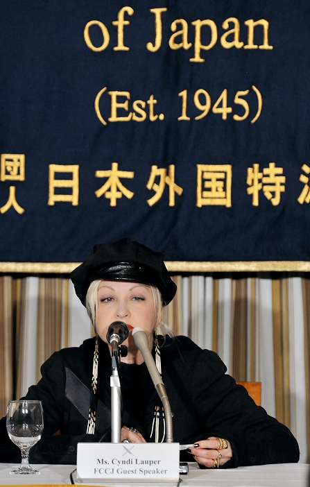 Cyndi Lauper, Mar 12, 2012, Tokyo, Japan : World famous pop star Cyndi Lauper speaks during a press conference at the Foreign Correspondents' Club of Japan to share her thoughts about her March 11 experience and her views for Japan's future. It was last year on March 11 when Cyndi first arrived in Japan to begin her 2011 Japan tour.