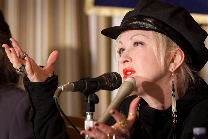 Cyndi Lauper, Mar 12, 2012 : Tokyo, Japan - American pop star Cyndi Lauper gestures as she appears before the domestic and foreign media during a news American pop star Cyndi Lauper gestures as she appears before the domestic and foreign media during a news conference at Tokyo's Foreign Correspondents' Club of Japan on Monday, March 12, 2012.
 One year ago on March 11, shortly after she landed at Narita Airport, east of Tokyo, for her 2011 Japan tour, the devastating earthquake and tsunami wreaked Ignoring advice to immediately return home like so many other foreigners, she stayed on and went ahead with her tour as planned. And she promised to come back again. Come back she did and visited the quake-hit area before her one year anniversary (Photo by AFLO) UUK-mis-