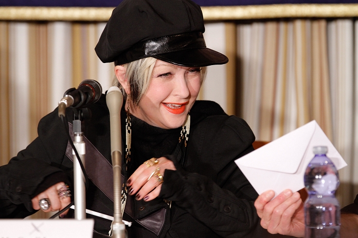 Cyndi Lauper, Mar 12, 2012 : Tokyo, Japan - American pop star Cyndi Lauper gestures as she appears before the domestic and foreign media during a news American pop star Cyndi Lauper gestures as she appears before the domestic and foreign media during a news conference at Tokyo's Foreign Correspondents' Club of Japan on Monday, March 12, 2012.
 One year ago on March 11, shortly after she landed at Narita Airport, east of Tokyo, for her 2011 Japan tour, the devastating earthquake and tsunami wreaked Ignoring advice to immediately return home like so many other foreigners, she stayed on and went ahead with her tour as planned. And she promised to come back again. Come back she did and visited the quake-hit area before her one year anniversary (Photo by AFLO) UUK-mis-