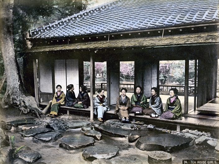 Woman in Kimono  Date unknown  Women in kimono are having tea on the engawa of a teahouse and enjoy the view of the garden.