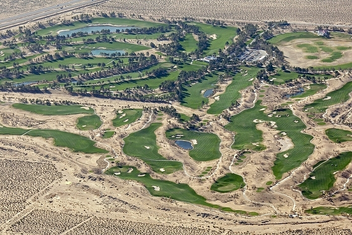 Primm valley golf course, USA Primm Valley golf course, aerial view. Scarce desert water is used to water the greens and to keep artificial lakes filled. Photographed in the Mojave desert, California, USA.