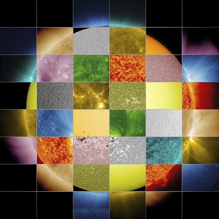 Sun observed at different wavelengths Sun observed at different wavelengths. Collage of solar images from NASA s Solar Dynamics Observatory  SDO . Observing the Sun in different wavelengths helps highlight different aspects of the sun s surface and atmosphere. The wavelengths in nanometres  nm  from the Atmospheric Imaging Assembly  AIA  are: 450nm  light green , 170nm  pink , 160nm  dark green , 33.5nm  blue , 30.4nm  orange , 21.1nm  violet , 19.3nm  bronze , 17.1nm  gold , 13.1nm  aqua  and 9.4nm  bright green . From the Helioseismic and Magnetic Imager  HMI  are visible light at 617.3nm  orange yellow , and dopplergram and magnetogram observations  both grey . For a key for the colours, see C022 3724.
