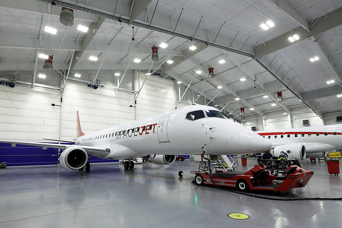 Moses Lake Flight Test Center, the flight test base for the Mitsubishi SpaceJet Mitsubishi SpaceJet  formerly known as MRJ  flight test aircraft No.3 parked in a hangar at Moses Lake on December 10, 2019. PHOTO: Kiyoshi OTA Aviation Wire