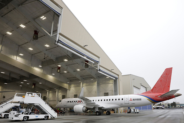 Moses Lake Flight Test Center, the flight test base for the Mitsubishi SpaceJet Mitsubishi SpaceJet  formerly known as MRJ  flight test aircraft No. 3 being pushed back from a hangar at Grant County Airport in Moses Lake on December 10, 2019. PHOTO: Kiyoshi OTA Aviation Wire