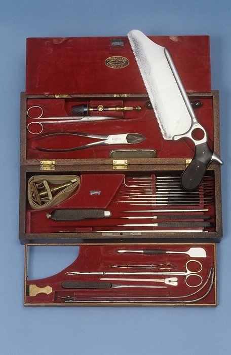 Surgeon s instruments, circa 1850 Surgeon s set. This comprehensive set of surgeon s instruments is from England and dates from about 1850. It includes a tourniquet, forceps, scissors, amputation instruments including a bone saw, knives and scalpels, a trephine for making a hole in the skull when treating head injuries, probes and catheters. Anaesthesia and antiseptic surgical techniques were introduced in the second half of the 19th century. This allowed the development of more refined surgical techniques and reduced infection, and survival rates greatly improved.