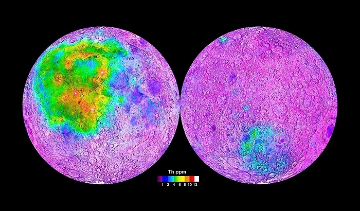 Lunar thorium distribution Lunar thorium distribution. Map showing the distribution of the element thorium on the Moon and the location of KREEP. Thorium is a radioactive trace element. KREEP, an acronym built from the letters K  the atomic symbol for potassium , REE  Rare Earth Elements  and P  for phosphorus , is a geochemical component of some lunar impact breccia and basaltic rocks and an important key to lunar igneous history. Imaged by NASA s Lunar Prospector mission.