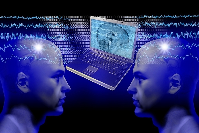 Telepathy, illustration Electronic brain to brain communication. Scientists have recently invented a form of telepathy in which a device reads a person s brain waves, detects a certain word, transmits a signal to another device, which stimulates a part of the second subject s brain with a binary signal. The second subject then translates the signal into the word.