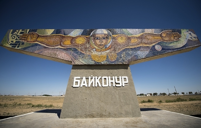 Baikonur spaceflight mural Baikonur spaceflight mural. Space themed tile mural at the entrance to the town of Baikonur, Kazakhstan. This town is named for the nearby Baikonur Cosmodrome, which was founded here by the Soviet Union in 1955. The area has been leased to Russia since the break up of the USSR, and is the location for all crewed Russian spaceflight launches. Photographed on 25 May 2013.