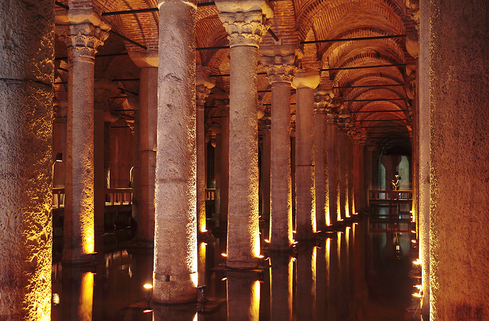 Basilica Cistern, Istanbul, Turkey Basilica Cistern. View of the interior of the Basilica Cistern, Istanbul, Turkey. This is the largest of several hundred ancient cisterns that lie beneath the city of Istanbul  formerly Constantinople . It was built during the 6th Century during the reign of the Byzantine Emperor Justinian I and provided a water filtration system for the Great Palace of Constantinople and other buildings in the area. It continued to provide water to the Topkapi Palace after the Ottoman conquest in 1453 and into modern times.