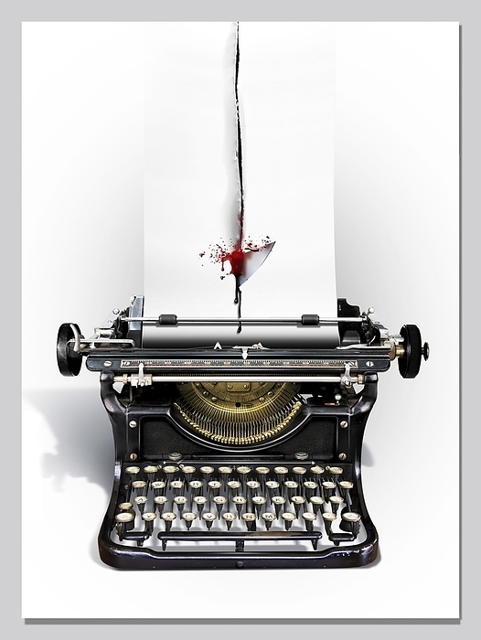 Threats to free speech, conceptual image Threats to free speech. Conceptual image of a typewriter with a sheet of paper slashed by a bloody knife, representing threats to artistic freedom of expression, including terrorism, intimidation, violence and censorship.