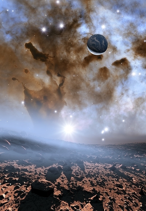 Earth like alien planet and nebula Earth like alien planet and nebula. Computer illustration of a view across the rocky surface of an alien planet towards an Earth like planet  right  on the horizon and the star forming clouds of gas and dust of nebula in the background. Earth like planets capable of supporting life are found only in a star s habitable zone, a region around a star where the surface temperature of a planet is suitable for liquid water.