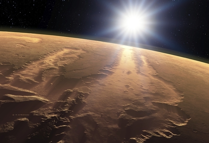 Valles Marineris, Mars, artwork Valles Marineris, Mars. Artwork of Valles Marineris canyon system in the glare of the Sun. The Valles Marineris is a canyon system found on Mars, the fourth planet in our Solar System. The system is over 4000 kilometres  km  long, up to 200 km wide and up to 7 km deep, dwarfing the Grand Canyon of Arizona, USA. Found on the southeastern edge of the Tharsis Bulge, the canyons were originally created by faulting during the formation of Tharsis. They have been further worn down by water and wind erosion. Finally, slumping has helped widen the valley so that the bottom is visible from space.