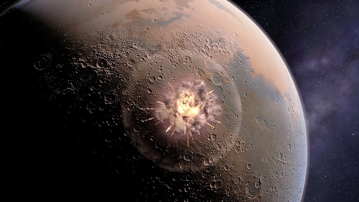 Asteroid impact on Mars, illustration Asteroid impact on Mars. Illustration of an asteroid impacting the surface of the planet Mars. This illustration is of a large impact, such as the one that occurred about 15 million years ago, sending debris flying into space. One piece of debris eventually impacted the Earth after millions of years in space, falling on Antarctica some 16,000 years ago. This rock, known as ALH 84001, was discovered in 1984. It contains microscopic structures that resemble the fossils of primitive life forms.