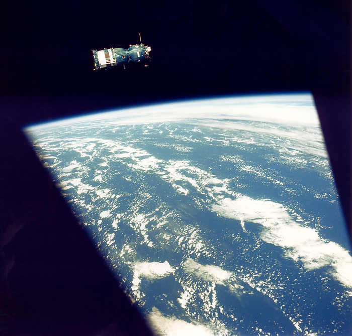 Soyuz 19 in orbit, astronaut photograph Soyuz 19 in orbit, astronaut photograph. View of the Russian Soyuz 19 space craft as seen from the US Apollo spacecraft in Earth orbit during the Apollo Soyuz Test Project  ASTP . The ASTP mission was the first joint international manned space flight. It took place from 15 24th July 1975. The Soyuz 19 and Apollo CSM 111 spacecraft docked in orbit on 17th July to test a jointly designed international docking mechanism. Photographed by the Apollo crew, in July 1975.