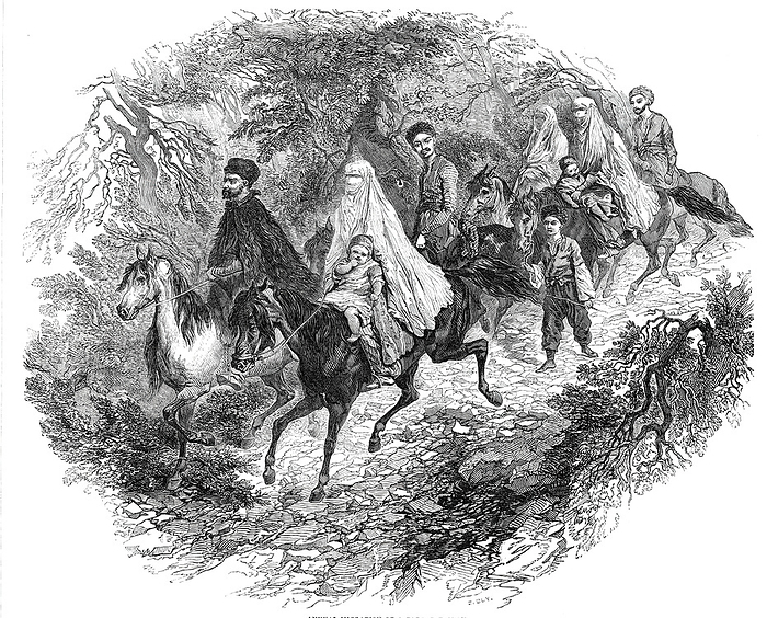 Annual migration of a Tartar family, 1844. Creator: Unknown. Annual migration of a Tartar family, 1844. Group of Tatars on horseback travelling through the Crimean Peninsula:  ...a Tartar household pursuing their precipitous way down the side of a torrent valley, on their march to Christmas quarters in the genial neighbourhood of Balaklava... Few more picturesque sights could be imagined than those which the incidents of such a journey would furnish. The bivouac of a party of the travellers at night, is said to present a picture of barbarous interest. They are described as crouching in wild groups round wood fires, busily engaged in cooking their kukurutz, and, ever and anon, breaking the general silence by loud vociferations of joy, vengeance, or disaster . From  quot Illustrated London News quot , 1844, Vol V.