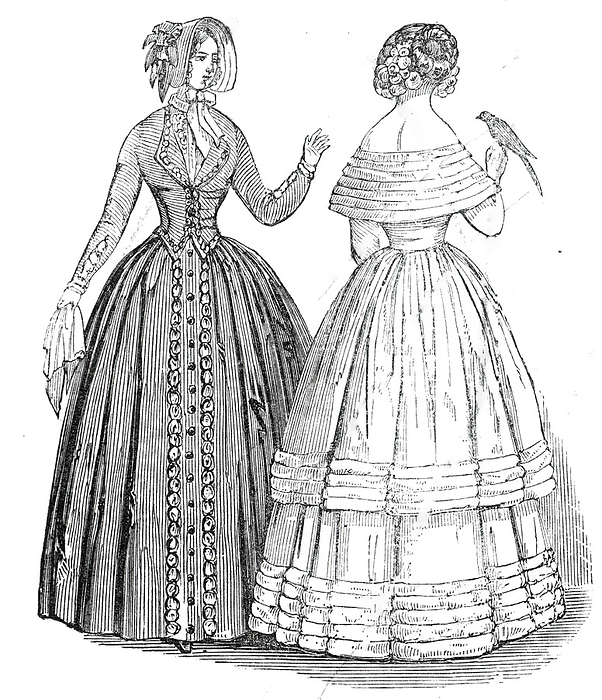 Fashions for August, 1845. Creator: Unknown. Fashions for August, 1845.  As jackets continue to be used with some dresses, they have been introduced to put on and off at pleasure, thus entirely changing the style of a dress, and forming two different toilettes. Leghorn bonnets continue as ever the favourites of the Parisian ladies  they are ornamented with three tips of feathers, termed panaches, or a single ostrich feather laid flat across . From  quot Illustrated London News quot , 1845, Vol VII.
