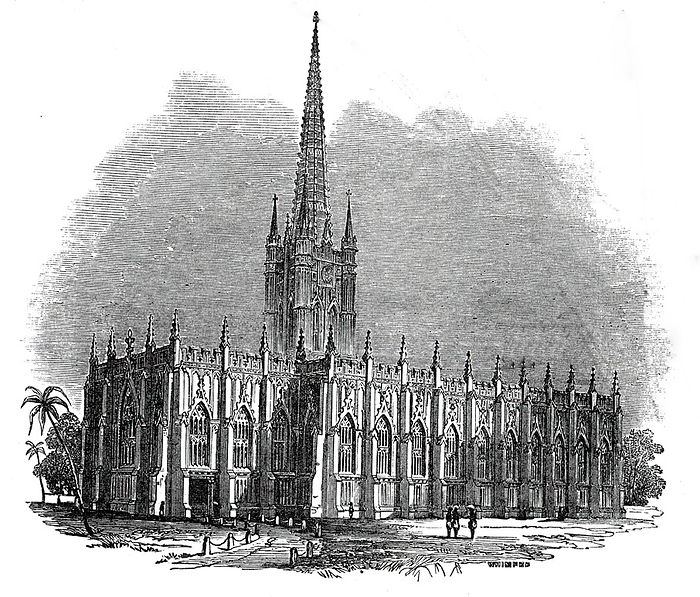 St. Paul s Cathedral, Calcutta, 1845. Creator: Josiah Wood Whymper. St. Paul s Cathedral, Calcutta, 1845. New Victorian Gothic church in India.  ...the architect is Colonel Forbes, of the Engineers. The style of architecture is Gothic, or, as Mr. Britton terms it, Christian, modified by circumstances, that is, Indo Gothic, or Indo Christian, if such words may be allowed... . Daniel Wilson, Bishop of Calcutta, wrote:  quot My appreciation of the spiritual importance of the Cathedral as the first beginning of an indigenous Ministry, and the first Missionary institution not dependent on friends and societies at home, commenced in India, is higher than it ever was. I believe it is God who put it into the hearts of his servants. My object, in the whole is, as I trust, the glory of Christ and the salvation of souls. The external edifice is nothing. It is the edification of an invisible church to Christ in Heathen and Mahommedan India, which is my aim, my hope, and my prayer. quot  From  quot Illustrated London News quot , 1845, Vol VII.