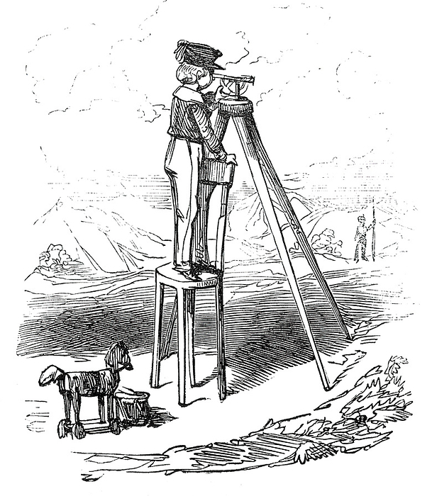 Boy using surveying instrument, 1845. Creator: Alfred Crowquill. Boy using surveying instrument, 1845. Illustration to  Railway Mania , a story by Alfred Crowquill, a satire on the obsession with the railways, a recent innovation in Britain at the time.  ...straight a head goes the surveyor, with his theodolite, and, in a few weeks, whiz  comes the engine  and, if you stand in the way, to expostulate in favour of your kitchen garden, make up your mind to scaldings. Surveyors, by the by, are now getting exceedingly scarce  they are advertised for at their own prices  whilst advertising masters promise to perfect gentlemen in the art of surveying, in twelve lessons, for twenty guineas...Under these circumstances, juvenile surveyors are set to work, and have a man to carry the chain, and a chair for them to reach the sight of the theodolite   all the full  grown ones having been used up many months ago . From  quot Illustrated London News quot , 1845, Vol VII.
