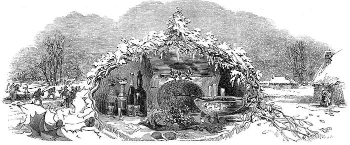 An English Christmas Home , 1845. Creator: Ebenezer Landells. An English Christmas Home , 1845. A plum pudding, a bowl of punch, bottles, glasses, fruit and playing cards in a decorative cartouche. Illustration to sheet music:  Song and chorus by Eliza Cook. Music by Vincent Wallace, composer of the opera of  quot Maritana quot  . From  quot Illustrated London News quot , 1845, Vol VII.