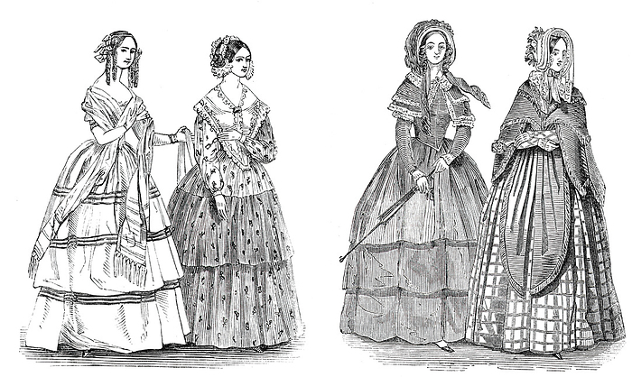 Fashions for August, 1844. Creator: Unknown. Fashions for August, 1844.  1. A paille de riz hat ornamented with flowers and a veil. A polka mantelet of changeable silk trimmed with fringe. A silk dress.  xa0 2. A straw hat, ornamented with a shaded feather. A mousseline de laine dress trimmed with lace.  xa0 3. A lace and ribbon cap. A muslin dress.  xa0 4. A hair coiffure, ornamented with ribbon. A tarlatane Grecian dress, ornamented with narrow velvet ribbon. From  quot Illustrated London News quot , 1844, Vol V.