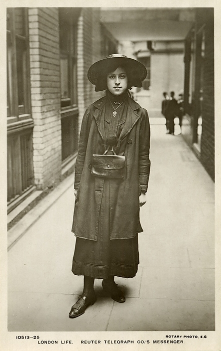 Telegraph messenger girl, 20th Century Telegraph messenger girl. Telegraphy allowed messages to be sent over long distances, but the final stage of the journey still required messengers to deliver the telegram. This messenger worked for Reuter Telegraph Company in London, UK.