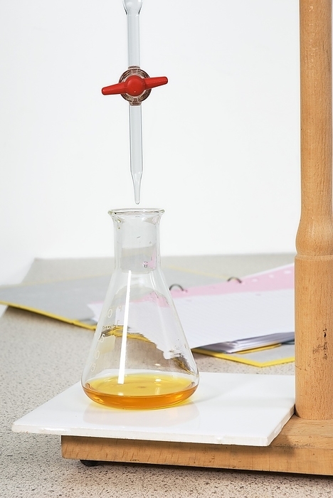 Neutralisation titration Neutralisation titration. Burette  top  being used to slowly add measured amounts of an acid to an alkaline solution in a flask  bottom , containing a methyl orange pH indicator. As the solution becomes more and more acidic the indicator in the solution changes from yellow to orange and then red.